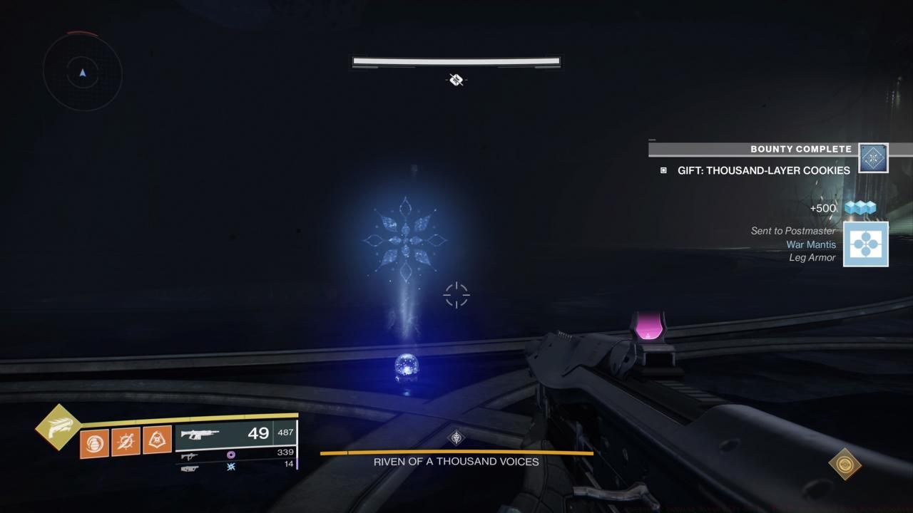 Once you get to the room with Riven, look for a snowflake projection that'll let you pass the boss its gift.